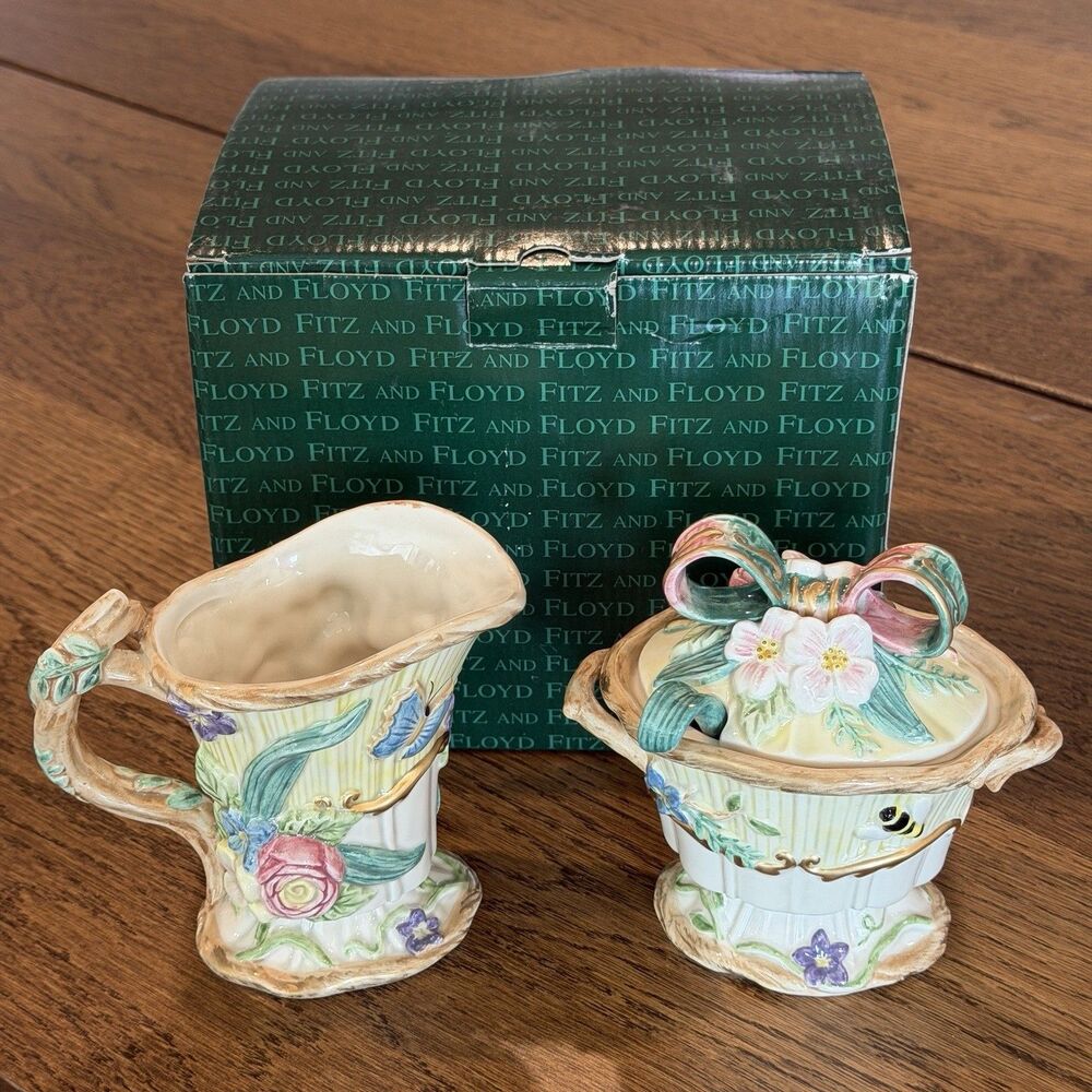 Fitz and Floyd Classics Woodland Spring Sugar Creamer Set Lid Spoon Box Vintage